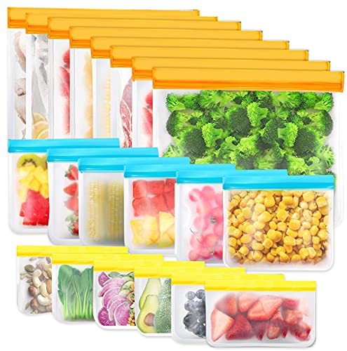 20 Piezas Bolsas de Almacenamiento Reutilizables, Bolsa Silicona Reutilizables sin BPA, Bolsas de Almuerzo Ziplock Snack, Bolsas de Alimentos Ecológicas e Impermeables para Frutas, Almuerzos, Viajes