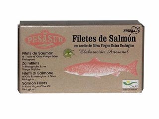 3 x 120 g - Pesasur Lomos Salmón Salvaje Aceite de Oliva Virgen Extra Ecológico Lata