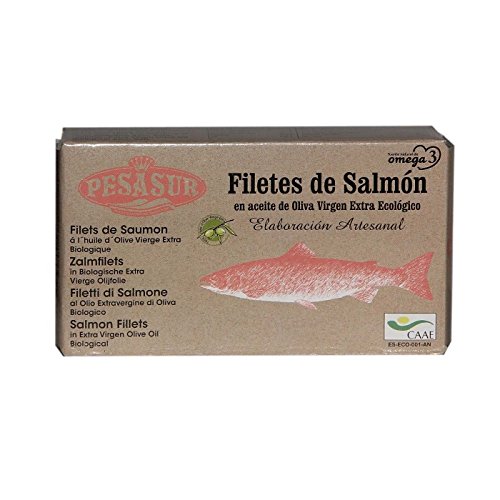 3 x 120 g - Pesasur Lomos Salmón Salvaje Aceite de Oliva Virgen Extra Ecológico Lata
