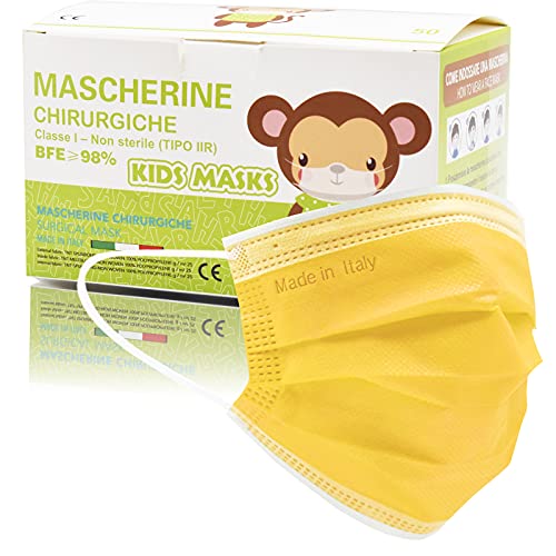 50 Piezas Mascarillas Homologadas Niños BFE≥98%, Mascarilla Infantil Colores Made In Italy, Mascarillas para Niños Tipo IIR y Certificadas CE, Transpirables y Cómodas (Amarilla)