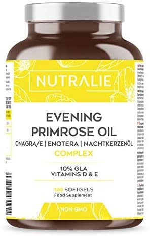 Aceite de Onagra 1000mg con Vitaminas D y E | 120 Perlas Aceite Onagra | 10% GLA Ácido Gamma-linolénico para Mujeres | Contribuye al mantenimiento de los Huesos y Músculos | Sin GMO | Nutralie