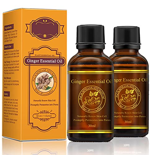 Aceite esencial de jengibre vegetal, drenaje linfático Aceite esencial de jengibre para masaje corporal, dolor muscular, aromaterapia, relajación, terapia cutánea (paquete de 2)