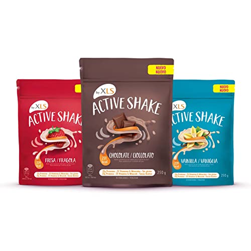 Active Shake de XLS - Batido sustitutivo de comidas, sabor chocolate con menos de 231 calorías, 22g de proteínas sin gluten, 23 vitaminas y minerales + Batido sabor vainilla + Batido sabor fresa