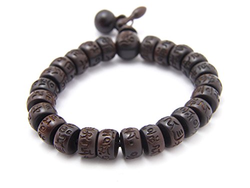 Agathe Creation - Bracelet - chapelet bouddhiste - Perles en bois d'ébène sculpte - Terminé par 2 objets (MUYU) servant à la prière - Perles diamètre 12,5 mm - Bouddha - Fait main
