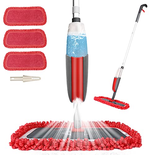 Aiglam Spray Mop, Mopa con pulverizador Limpiador de Ventanas y Escoba Barredora de Empuje Manual con Almohadilla de Microfibra Reutilizable para Suelos laminados, alicatados y de Madera (Rojo)
