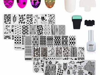 AIMEILI Estampacion Uñas de Acero Inoxidable 5Pcs Placas Para Uñas + 2 Sello Estampador de Uñas + 2 Raspador + 1 latex liquido Nail Art Stamping Plantillas Uñas Decoracion