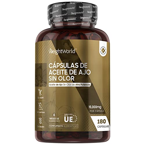 Ajo Cápsulas Dosis Alta 15000mg, 180 Cápsulas Sin Olor Ni Sabor | Perlas de Ajo Desodorizado para 6 Meses de Suministro, Extracto de Aceite de Ajo Fuente de Alicina, Suplemento Alimenticio Sin Gluten