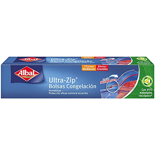 Albal Bolsas de congelación, ULTRA-ZIP, cierre hermético, tamaño pequeño (1L) y mediano (3L), 20 unidades