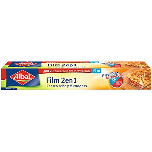 Albal Film Transparente 15 Metros 2 en 1 para Frigorífico y Microondas, Papel Film, Muy resistente, Muy Adherente, Muy Fácil de Cortar, Sierra en Arco