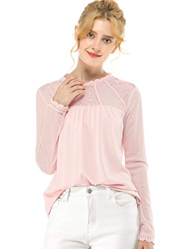 Allegra K Camisa De Gasa con Cuello Redondo Y Blusa Campesina De Manga Larga con Panel Floral De Encaje para Mujer Rosa L