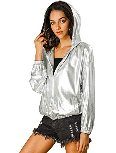 Allegra K Día de San Patricio Traje De Navidad para Mujer, Brillante, Holográfico, De Manga Larga, con Cremallera, Chaqueta Metálica con Capucha Plata XS