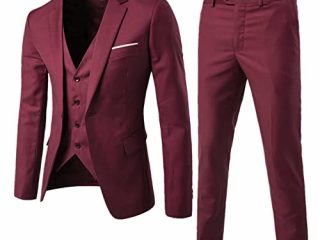 Alvivi Traje de Esmoquin de Boda para Hombre Traje Formal de Negocios Blazer de Ceremonia Traje Ceñido de 3 Piezas Chaqueta+Cahleco+Pantalónes Largos Vino M