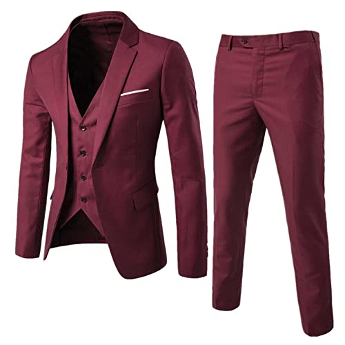 Alvivi Traje de Esmoquin de Boda para Hombre Traje Formal de Negocios Blazer de Ceremonia Traje Ceñido de 3 Piezas Chaqueta+Cahleco+Pantalónes Largos Vino M