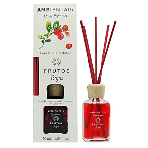 Ambientair Home Perfumes. Difusor de Varillas perfumadas. Ambientador Mikado Frutos Rojos. Difusor 50 ml con palitos de ratán. Ambientador sin Alcohol para casa.