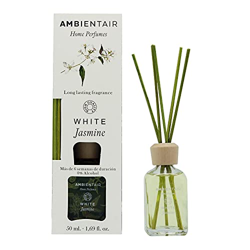 Ambientair Home Perfumes. Difusor de Varillas perfumadas. Ambientador Mikado White Jasmine, Difusor 50 ml con palitos de ratán. Ambientador sin Alcohol para casa.