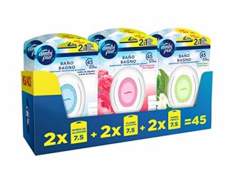 Ambipur Ambientador Casa para Baño (6 x 45 días) Fragancia de Flores Elegantes, Hierba Fresca y Nubes de Algodón, Mega Pack