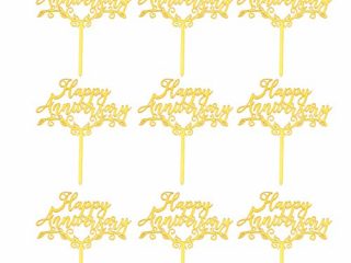 Amosfun 25 adornos para tartas con diseño de Happy Anniversary Cake Acrílicos para boda, fiesta de Navidad, cumpleaños, decoración para tartas románticas (dorado)