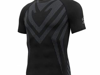 AMZSPORT Camisa de Compresión Deportiva para Hombre Camiseta de Manga Corta Camiseta de Secado Rápido Capa Base para Correr, Negro S