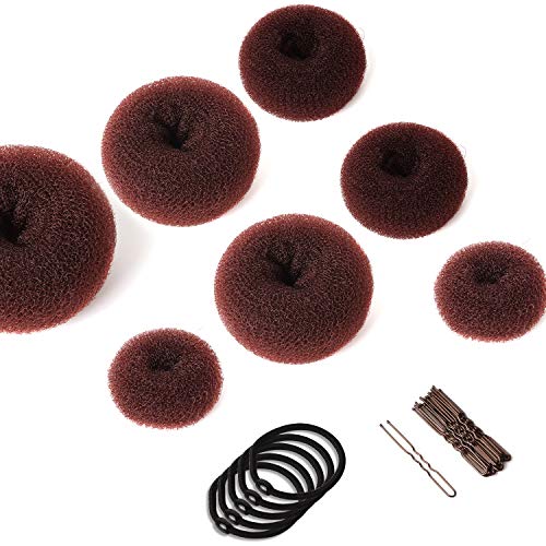 Anillos de Donut de Pelo Juego de Hacer Moño 7PCS, Accesorios de Peinado Kit con 5 Gomas de Pelo Negras, 20 horquillas para peinados Chignon, juego de moño para niñas (marrón)