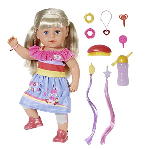 BABY born Big Sister Muñeca 43 cm, 6 Funciones, Pelo rubio, Para manos pequeñas, Promueve la empatía y las habilidades sociales, Edad a partir de 4 años, Incluye vestido y 10 accesorios