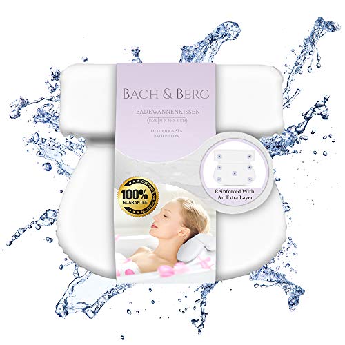 Bach&Berg® Almohada de Baño Lujo para Apoyar la Cabeza, Cuello y Espalda | Impermeable | Con 7 Ventosas Antideslizantes | Cojín de Baño para cada Bañera/Jacuzzi | Accesorios Baño | Regalo Ideal