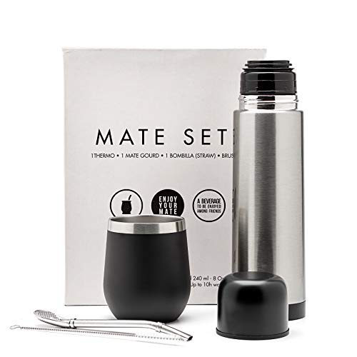balibetov Set Yerba Mate Completo - Calabaza Mate Moderna, Termo, Bombilla y Cepillo de Limpieza Incluido - Todo Acero Inoxidable 304 18/8 Interior y Exterior