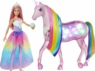 Barbie - Dreamptopia Muñeca con pelo rosa y su unicornio luces mágicas (Mattel GWM78),Embalaje sostenible