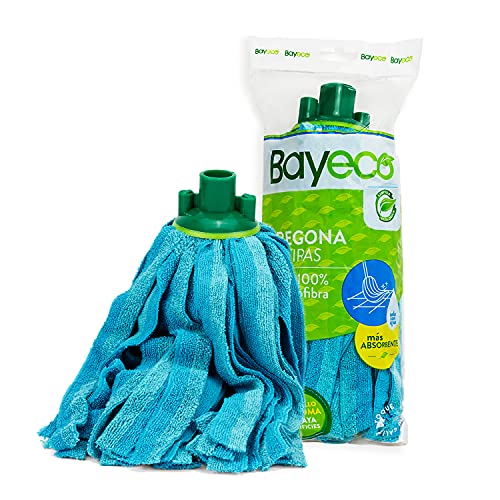Bayeco - Fregona de Tiras 100% Microfibra - Con casquillo de goma - Gran capacidad de absorción - Mayor duración y resistencia - Efecto pulido - Lavable - Cuatro colores disponibles - 1 unidad