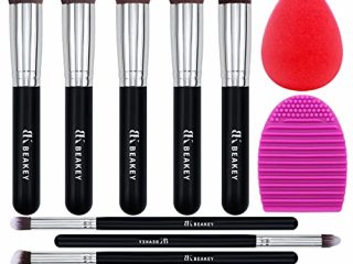 BEAKEY Set de Brochas de Maquillaje, Synthetic Kabuki para Base Polvos Colorete Contorno, con Esponja (10+2 Piezas, Negro/Plateado)
