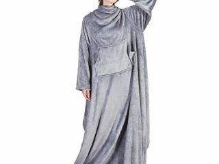 Bedsure Batamanta Mujer Polar Invierno - Bata Manta Hombre para Sofa, Manta con Mangas con Bolsillo Frontal, Tejido Felpa Suave y Acogedor, Gris, 170x200cm