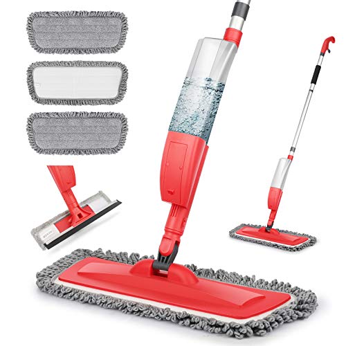 Bellababy Mopa Fregona, Spray Mop con Una Botella de Spray Recargable y 3 Almohadillas de Repuesto para Trapeador, Trapeador Plano para el Hogar, Cocina, Madera Dura, Madera, Cerámica (Roja)