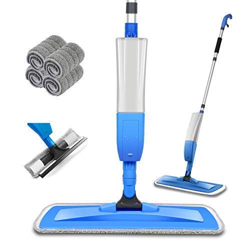 Bellababy Mopa Fregona, Spray Mop con Una Botella de Spray Recargable y 4 Almohadillas de Repuesto para Trapeador, Trapeador Plano para el Hogar, Cocina, Madera Dura, Madera, Cerámica, 450 ml, Azul