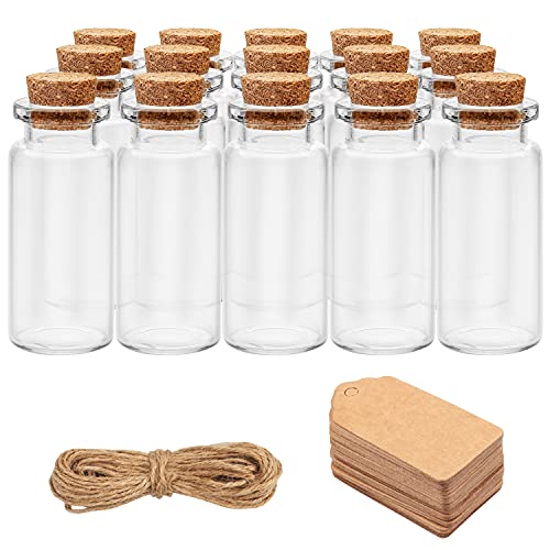 Belle Vous Mini Botellas de Cristal con Tapas de Corcho, Etiqueta y Cordel (Pack de 64) 13 ml Mini Frascos Cristal Herméticos Redondos y Etiquetas para Regalitos Boda, Fiesta, Especias y Mermelada