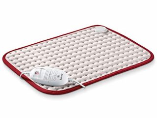 Beurer HK Comfort Almohadilla eléctrica térmica, transpirable, tacto suave, calentamiento ultrarápido, apagado automático 90 minutos, 3 potencias, display iluminado, 40x33 cm, blanca borde rojo