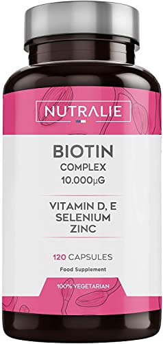 Biotina 10.000mcg Alta Dosis - Potente para Crecimiento del Cabello - Vitaminas para mantener Cabello, Piel y Uñas Sanas - Con Vitamina E, D, Zinc y Selenio | 120 Cápsulas 100% Vegetarianas Nutralie