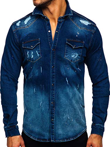 BOLF Hombre Camisa Vaquera de Manga Larga Cuello Italiano Camisa de Algodón Camisa Elegante Slim fit Estilo Casual RWX R801 Azul Oscuro L [2B2]
