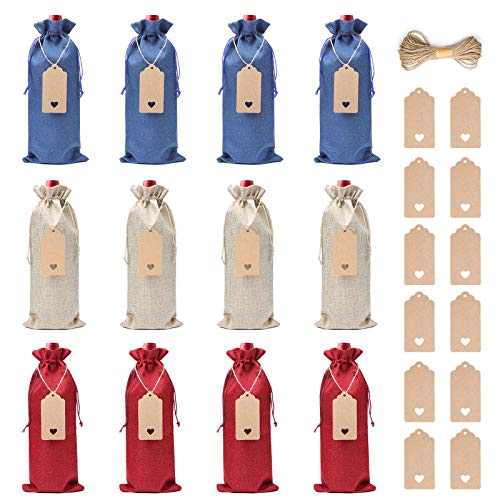 Bolsas de Vino de Yute, XiYee 12 Bolsas de Vino de Arpillera, 35cm X 15cm Hessian Wine Carriers con Cordón, Bolsas de Regalo para Vino Envoltura de Botella para Cata de Vinos Fiesta Boda Cumpleaños