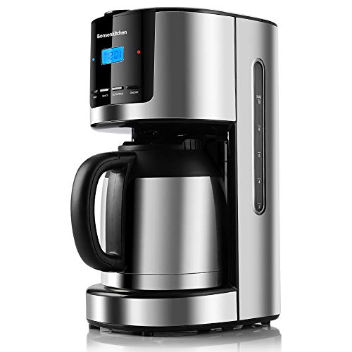 Bonsenkitchen Cafetera de Goteo con Jarra de Vacío de Acero Inoxidable, Cafetera de Filtro con Programable y Temporizador, Cafeteras Electricas de 10-12 Tazas (1,5L), Filtro Reutilizable, Pantalla LED