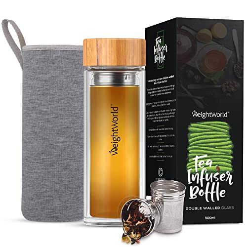 Botella Termo para Infusiones de Té con Filtro de Agua | 500ml de Té | Doble Capa de Vidrio con Tapa de Bambú | Diseño Hermético Portátil Sin BPA | Para su dieta Detox Adelgazante | WeightWorld