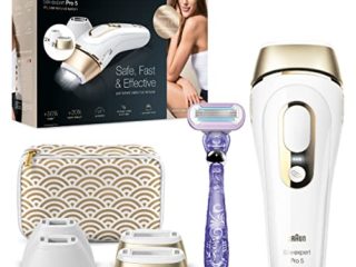 Braun Silk-expert Pro 5 Depiladora Mujer Luz Pulsada IPL con 2 Cabezales Standar y 2 de Precisión, Alternativa a la Depilación Láser en Casa, Regalos Originales para Mujer, PL 5137MN, Blanco/Dorado