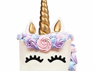 Cake Topper, AIEX Oro Hecho a Mano Feliz Cumpleaños Pastel Decoración/Cumpleaños Cake toppers, Linda Unicornio Cuerno, Orejas y Pestañas, Tartas Decoraciones para Cumpleaños/Boda(5.5x1.37 inches)