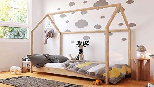 Cama Casita Montessori 90x200 80x180 80x160 - Cama Cabaña - Cama Infantil - Para Niños y Niñas - Madera de Pino Natural - 160x80 - Pino