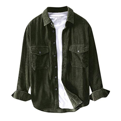 Camisa de Pana con Solapa para Hombre Camisas de Abrigo Delgada Color sólido Casual Slim fit Shirt cómoda Top Abrigos Finos para Hombres Verde 391
