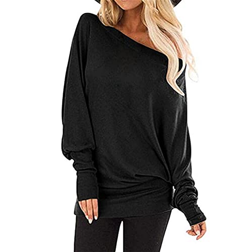 Camiseta casual de manga larga con cuello diagonal, con cintura suelta, camiseta superior jersey con hombros descubiertos de mujer con cuello diagonal para mujer, jersey de moda de primavera y otoño