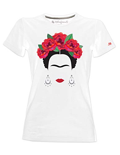Camiseta - Frida Kalho estilizada con Rosas Rojas y aretes - Mujer - Blanco - S