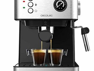 Cecotec Cafetera Express Power Espresso 20 Matic Professionale. 850 W, 20 Bares, Manómetro, Depósito de 1,5L, Brazo Doble Salida, Vaporizador, Superficie Calientatazas, Acabados en Acero Inoxidable