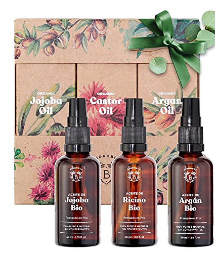 CESTA DE REGALO PARA MUJER | Aceite de Ricino, Aceite de Argán y Aceite de Jojoba Orgánico | Productos naturales en una linda caja | Regalos de cumpleaños originales a precio especial (3x50ml)