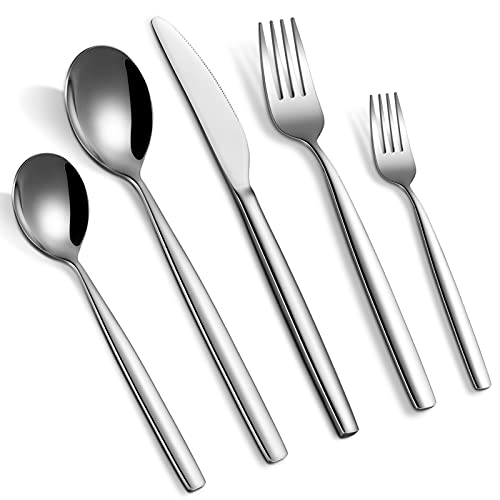 Cibeat Cubertería de 30 piezas de acero inoxidable plateado con cuchillo, tenedor y cuchara, juego de utensilios para 6, pulido de espejo y apto para lavavajillas