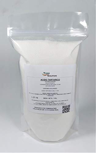 Ácido tartárico Puro. 1 Kilo. Conservante y adicificante natural corrector de acidez del vino. Condimento de comida y reposteria.