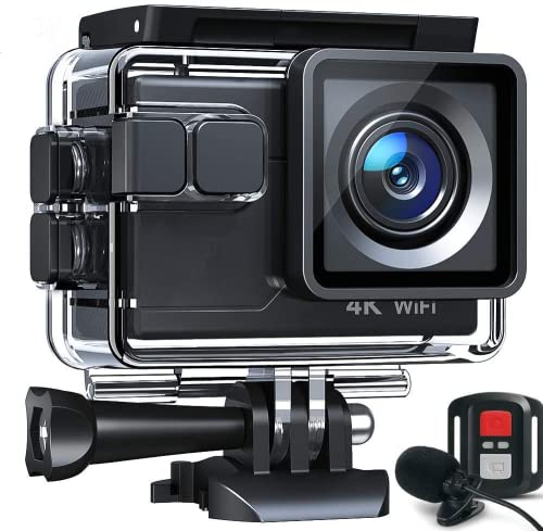 Cámara Deportiva 4K 30fps 20MP 170° Gran Angular Cámara Deportiva 40M Sumergible con EIS, Micrófono Externo, Control Remoto, Kits de Accesorios de Montaje 2 Baterías